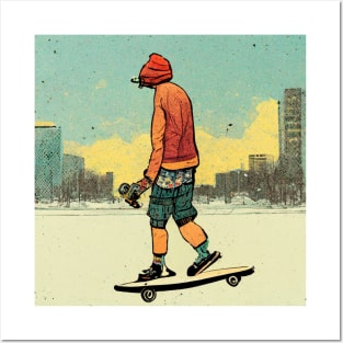 Skateboarder wearing all the right gear in the city. Posters and Art